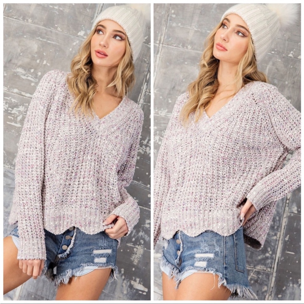 V-Neck Chunky Knit Sweater - Light Lavender